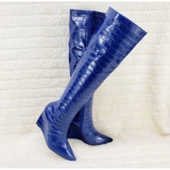 Deep Blue Reptile Texture Knee High Wedge Heel Boots Lexis Women 7 Zip - Picture 1 of 7